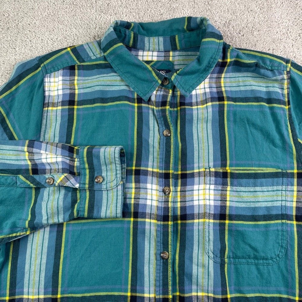Chaps Shirt Womens 1X Teal Green Plaid Flannel Button Down Long Sleeve Top